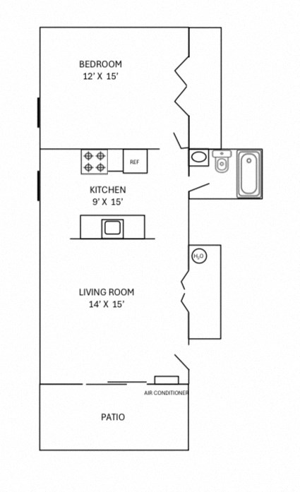 Floor plan for 1 bed, 1 bath, 600 sqft
